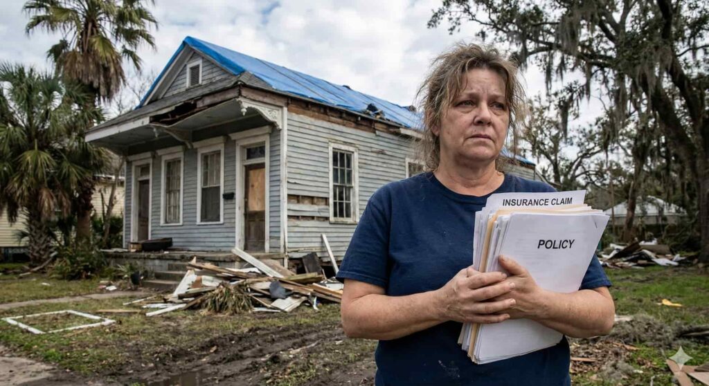 Frustrated homeowner standing in front of a New Orleans house with storm damage, holding a stack of insurance paperwork.